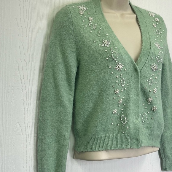 Zara - White Pearl Embellishment Mint Green Button Down Cardigan Size Small - Picture 4 of 10